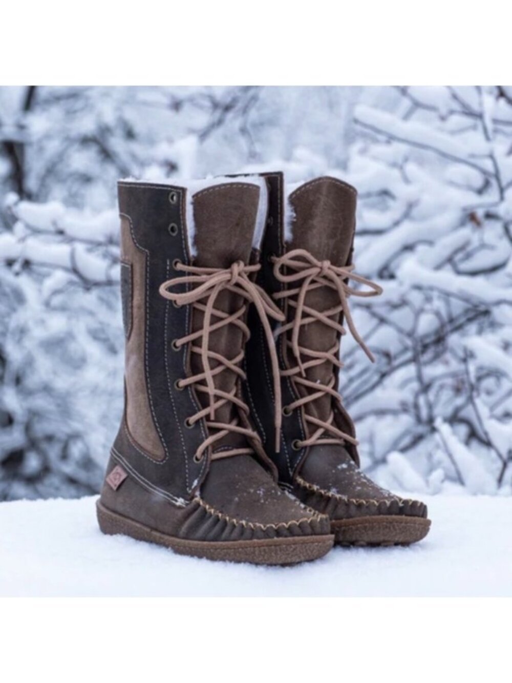 Laurentian Chief Brown Leather Sheepskin Mid-Calf Snowshoe Mukluks Women's Sz 11